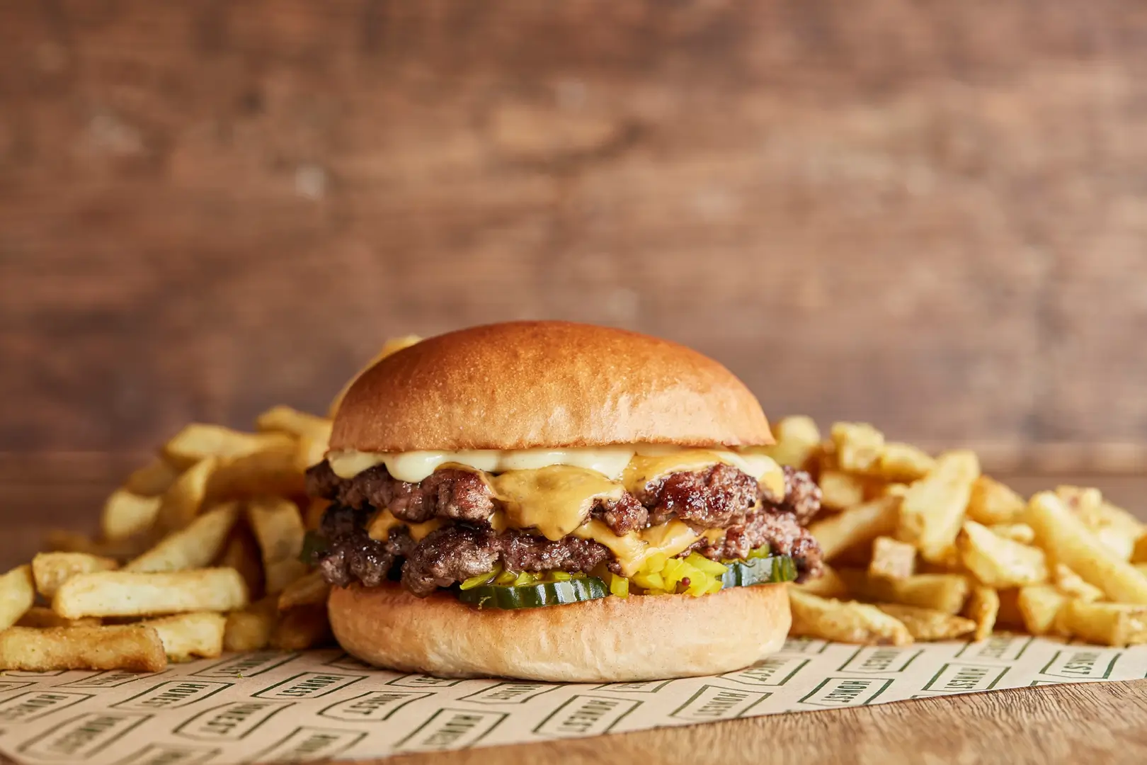 Smashed double beef burger with chips