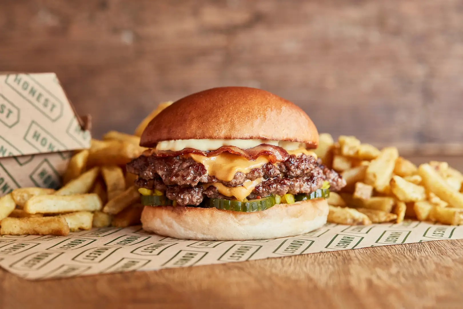 Smashed double bacon burger with chips