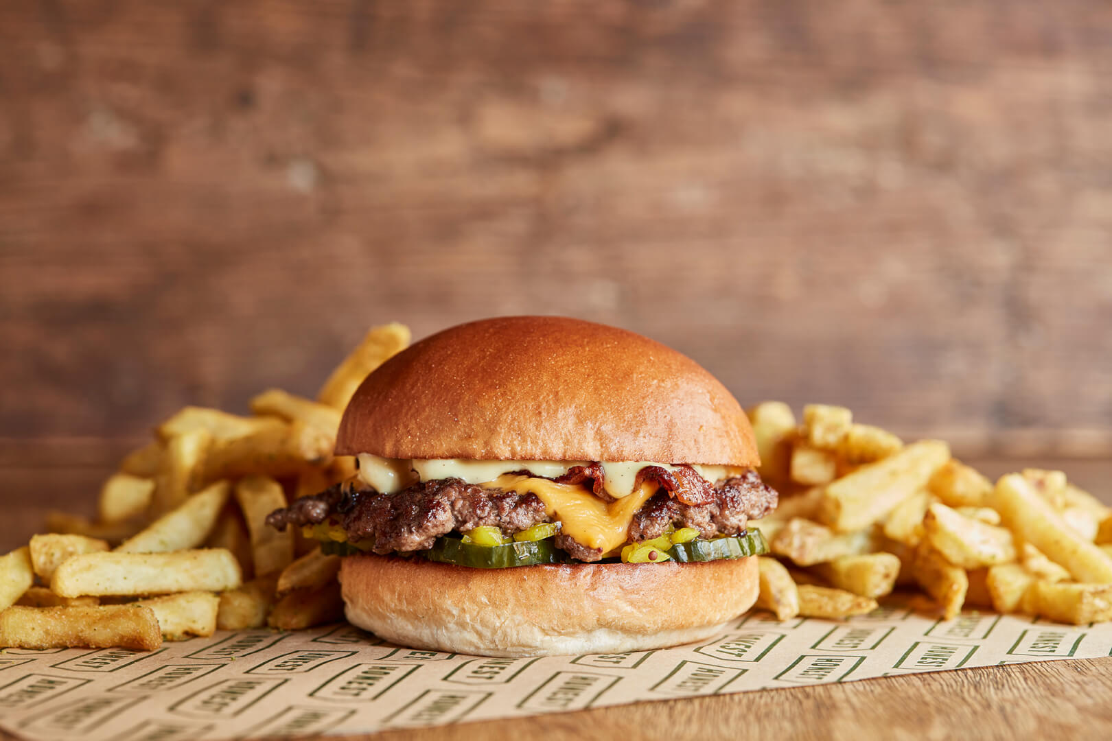 Smashed beef burger with bacon